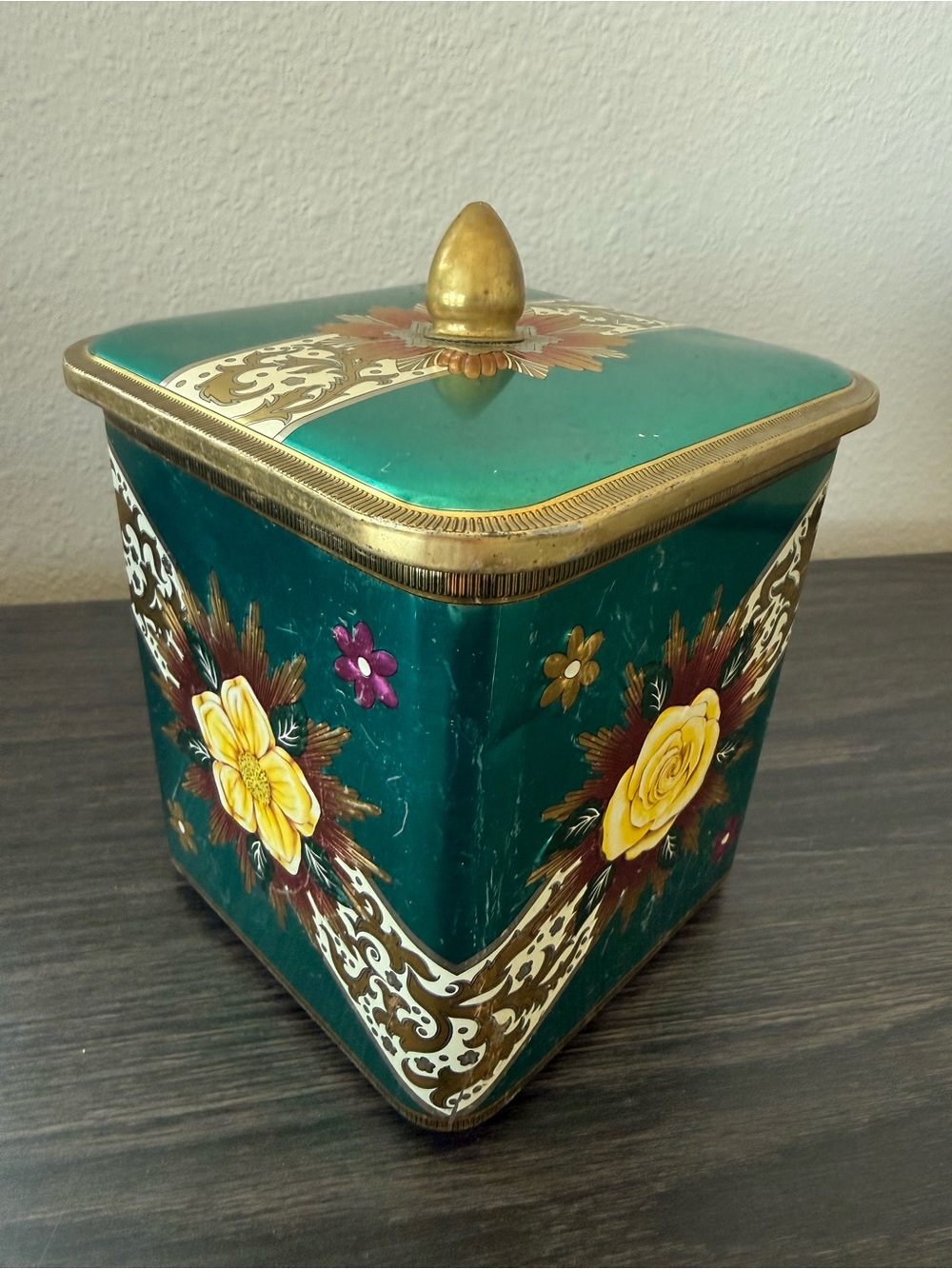 Vintage Floral Metal Tin Organizer Storage Container